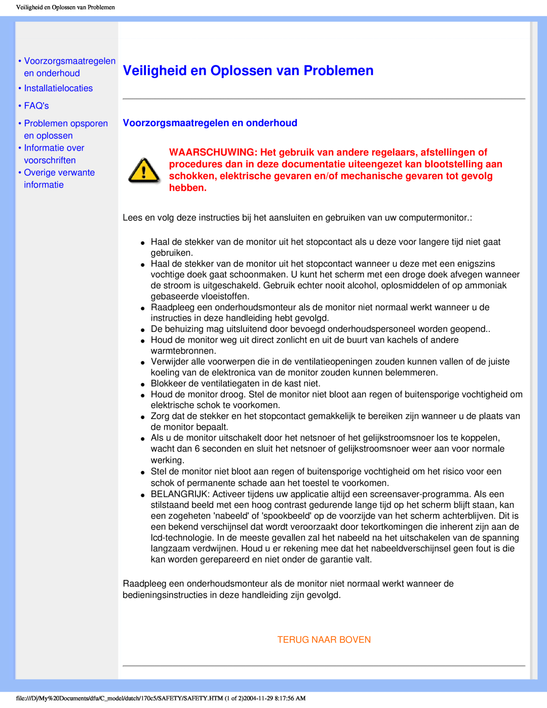 Philips 170C5 user manual Veiligheid en Oplossen van Problemen, Voorzorgsmaatregelen en onderhoud, Installatielocaties FAQs 