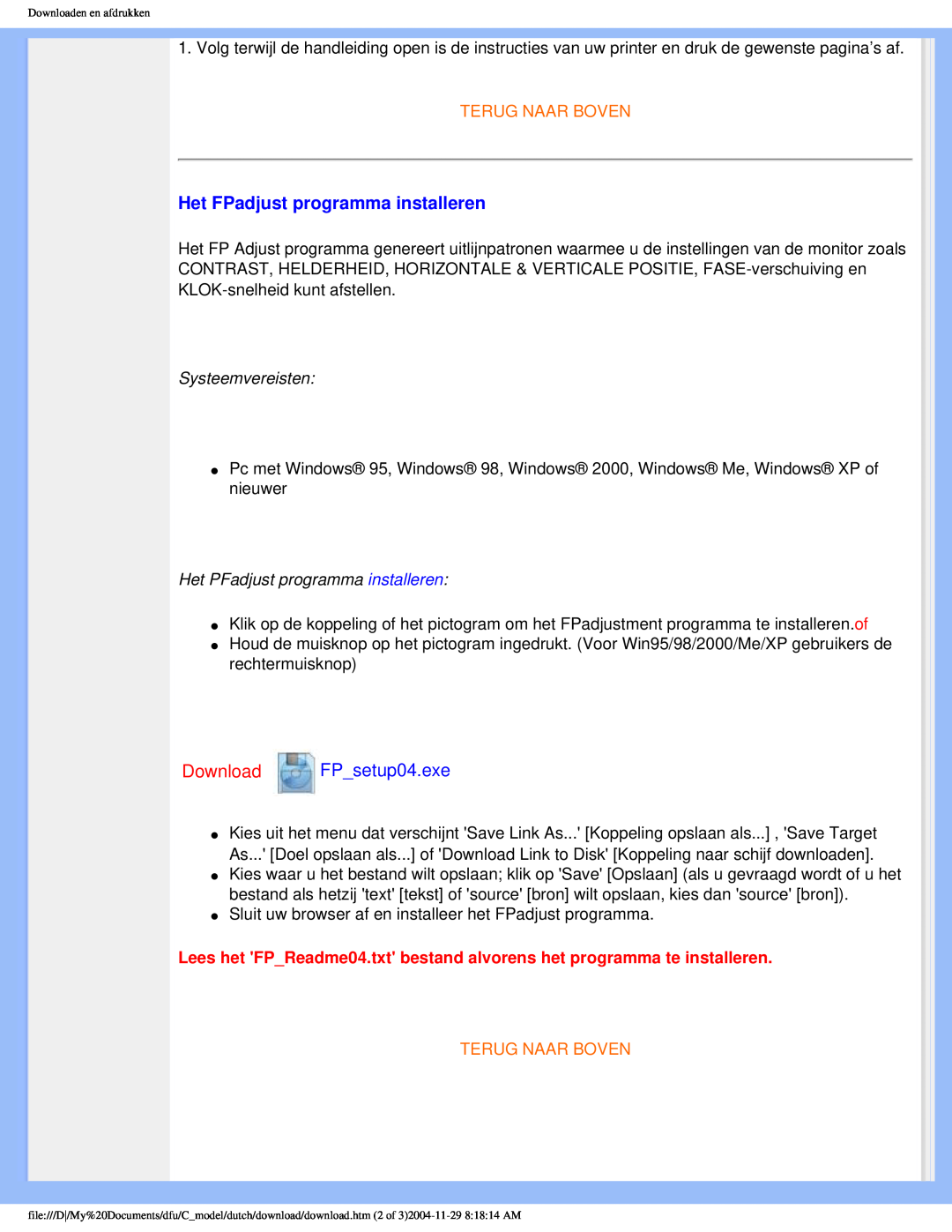 Philips 170C5 user manual Het FPadjust programma installeren, Download FPsetup04.exe, Terug Naar Boven 