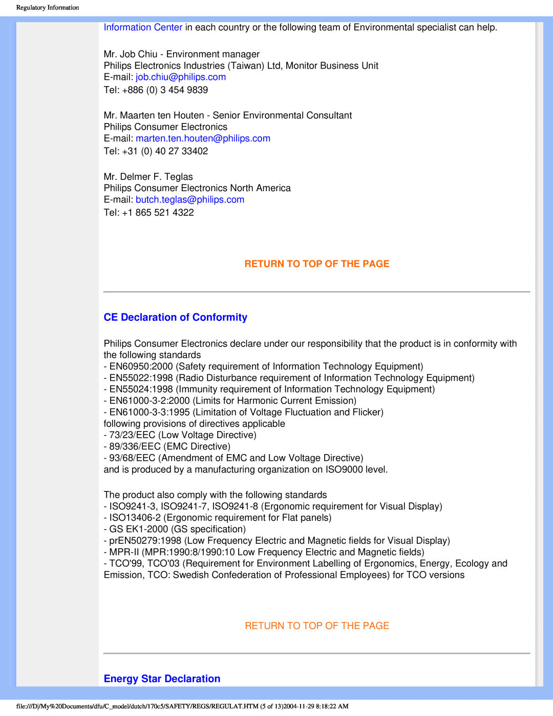 Philips 170C5 user manual CE Declaration of Conformity, Energy Star Declaration, E-mail job.chiu@philips.com 