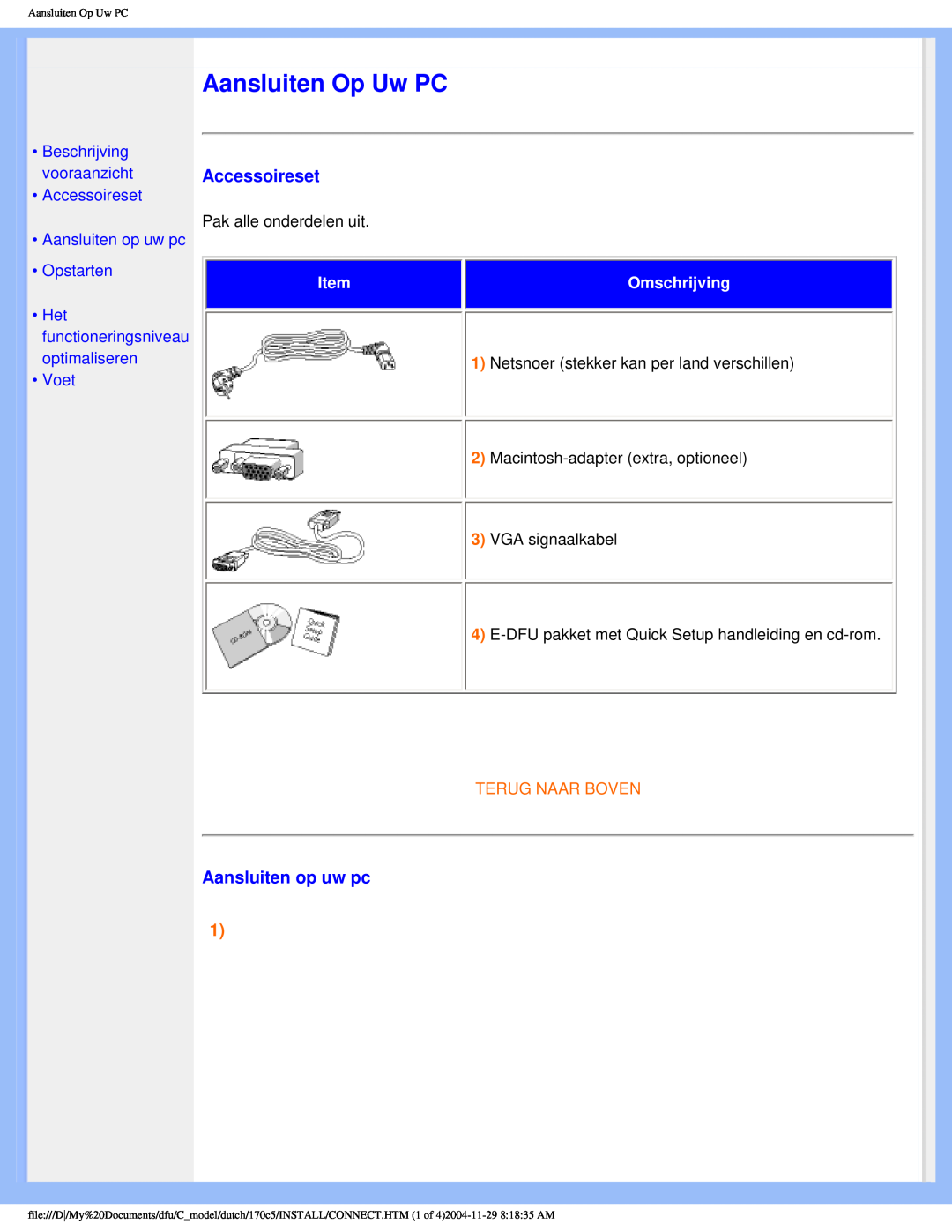 Philips 170C5 user manual Aansluiten Op Uw PC, Accessoireset, Aansluiten op uw pc, Voet, Omschrijving, Terug Naar Boven 