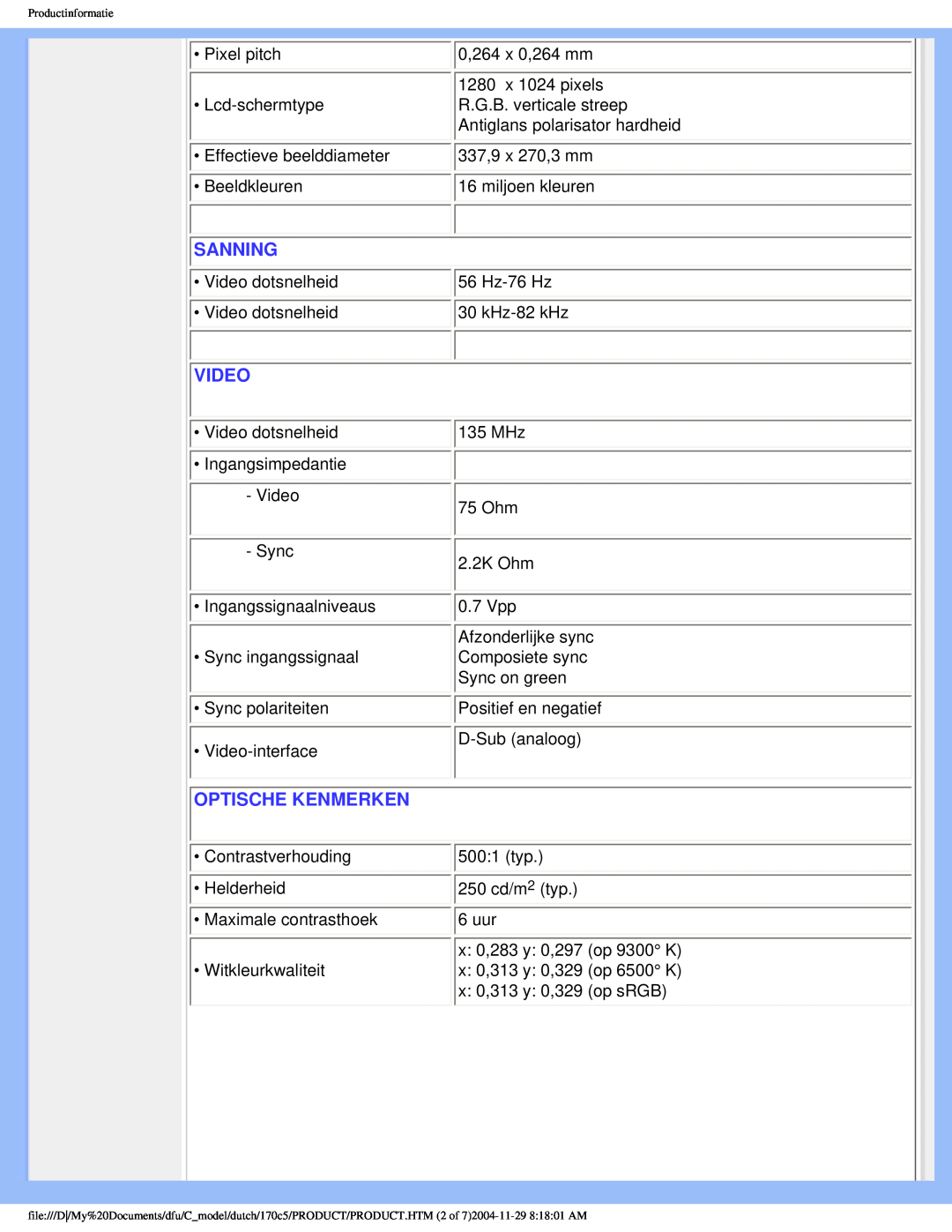 Philips 170C5 user manual Sanning, Video, Optische Kenmerken 