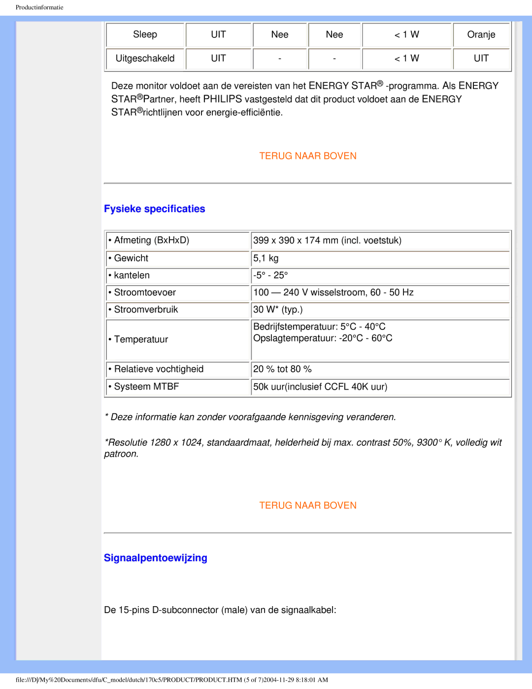 Philips 170C5 user manual Fysieke specificaties, Signaalpentoewijzing 