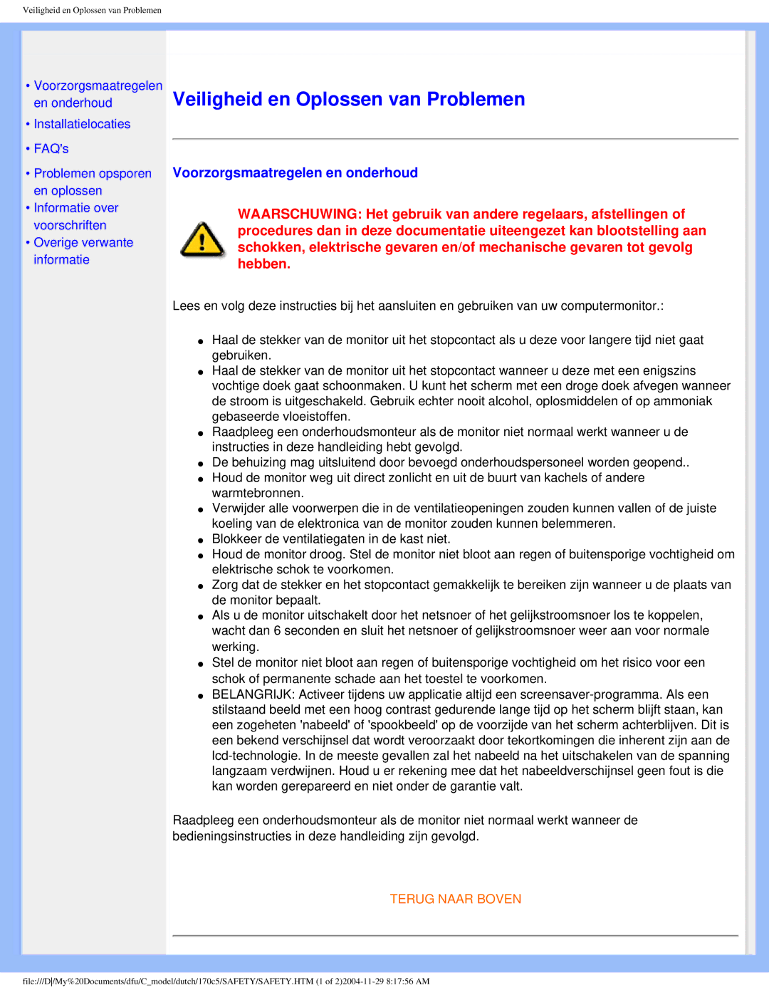 Philips 170C5 user manual Veiligheid en Oplossen van Problemen, Voorzorgsmaatregelen en onderhoud 