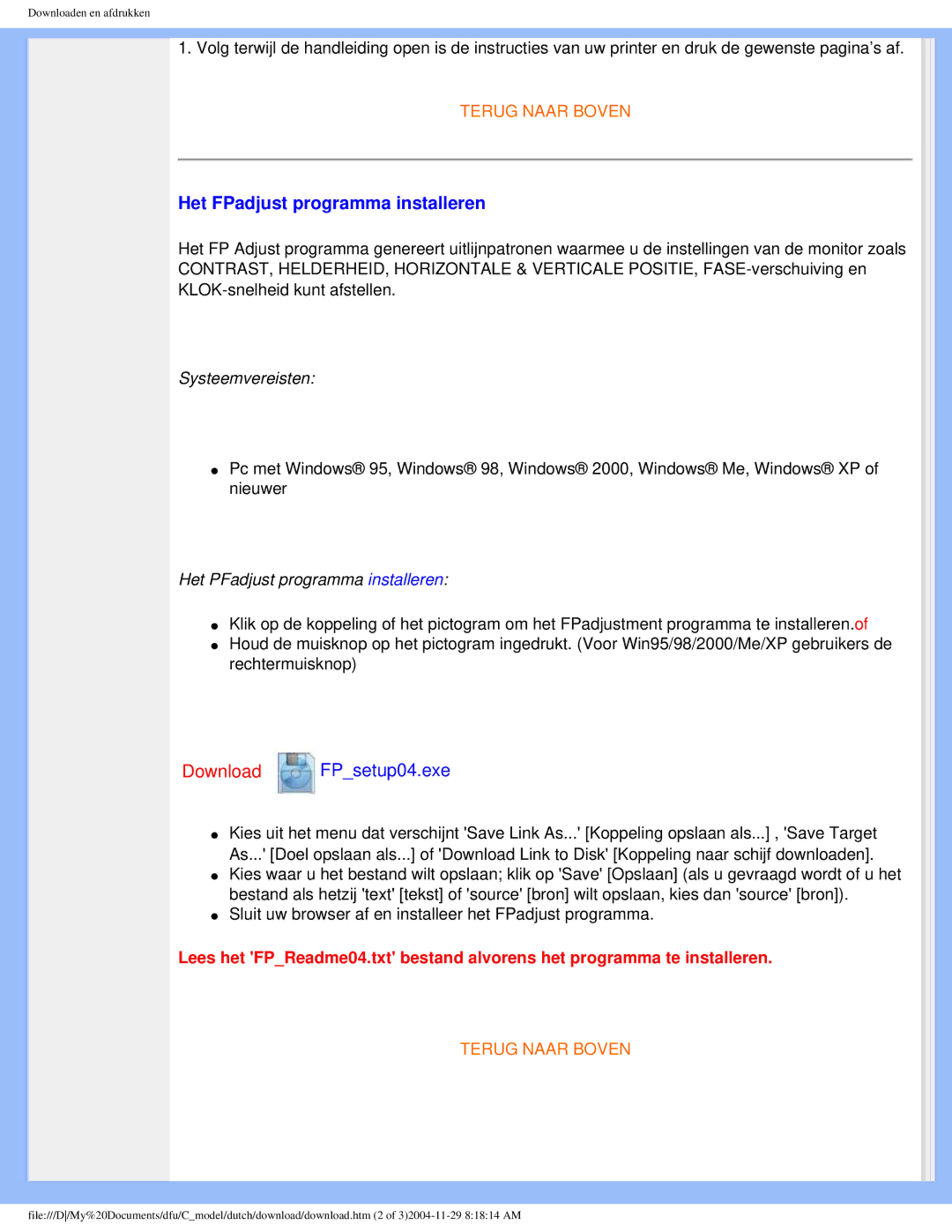 Philips 170C5 user manual Het FPadjust programma installeren, Het PFadjust programma installeren 