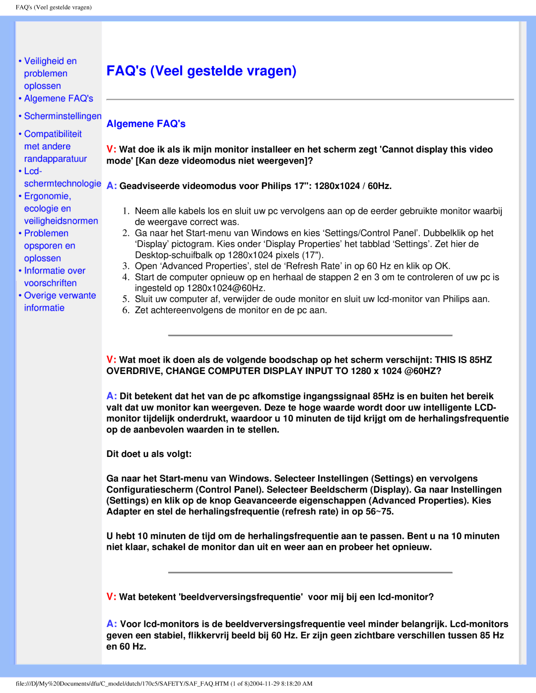 Philips 170C5 user manual FAQs Veel gestelde vragen, Algemene FAQs 