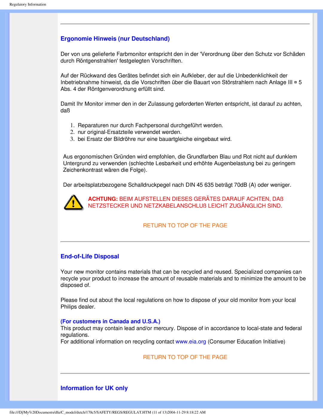 Philips 170C5 user manual Ergonomie Hinweis nur Deutschland, End-of-Life Disposal, Information for UK only 