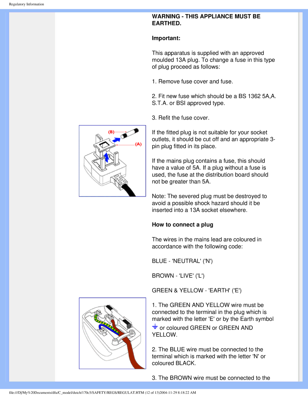 Philips 170C5 user manual Earthed 