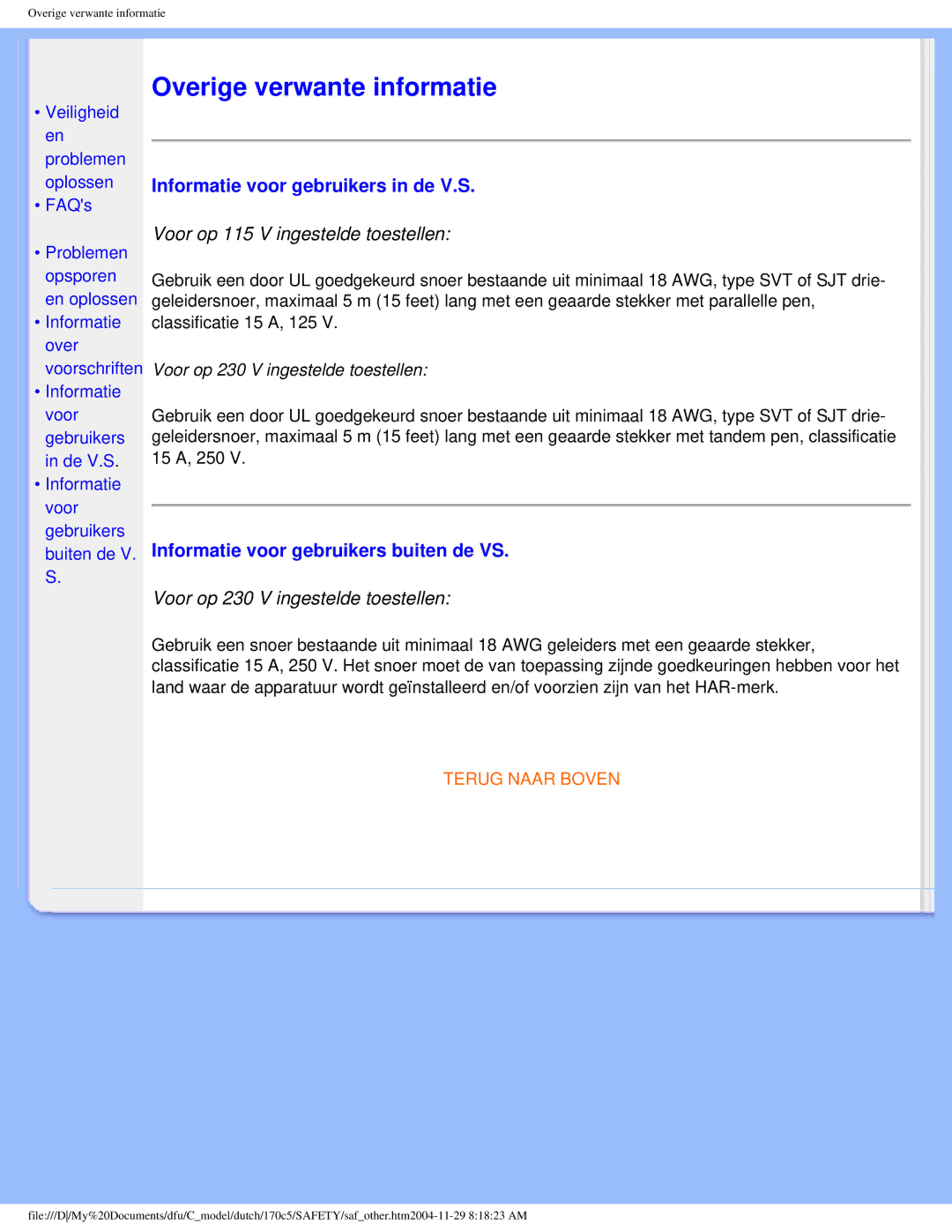 Philips 170C5 user manual Informatie voor gebruikers in de V.S, Informatie voor gebruikers buiten de VS 