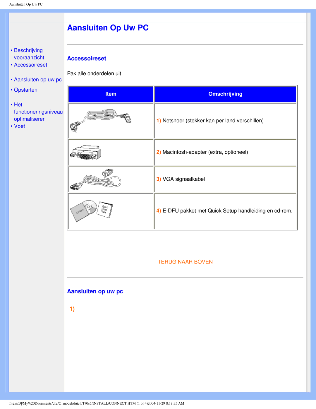 Philips 170C5 user manual Accessoireset, Aansluiten op uw pc 