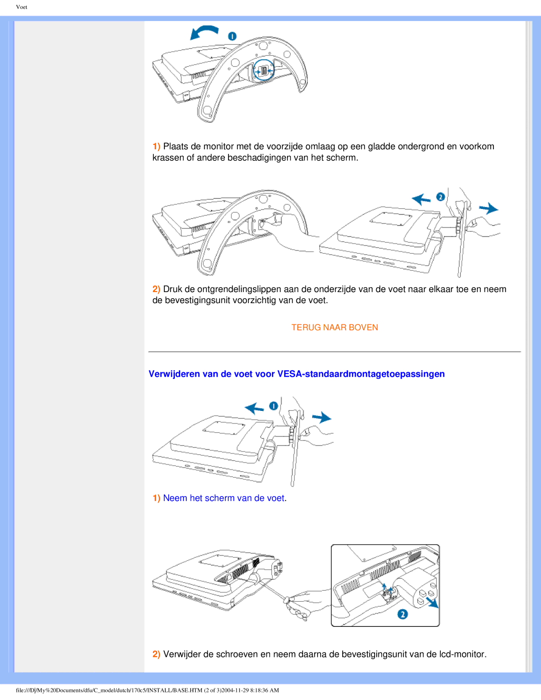 Philips 170C5 user manual Neem het scherm van de voet 