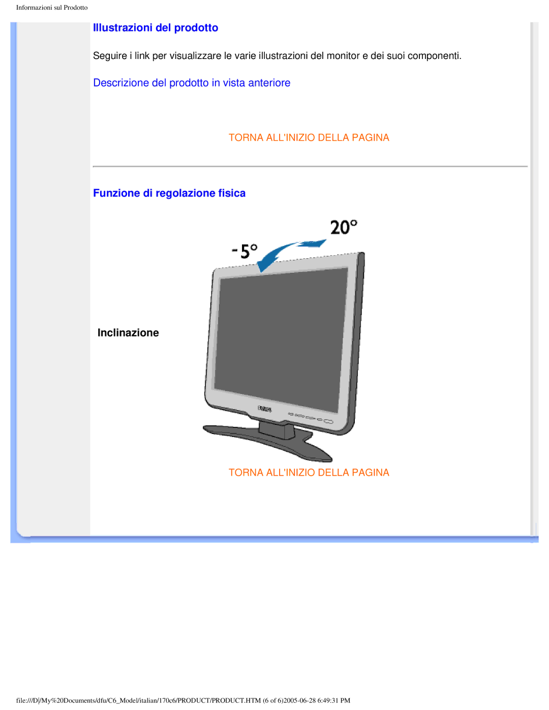 Philips 170C6 user manual Illustrazioni del prodotto, Funzione di regolazione fisica 