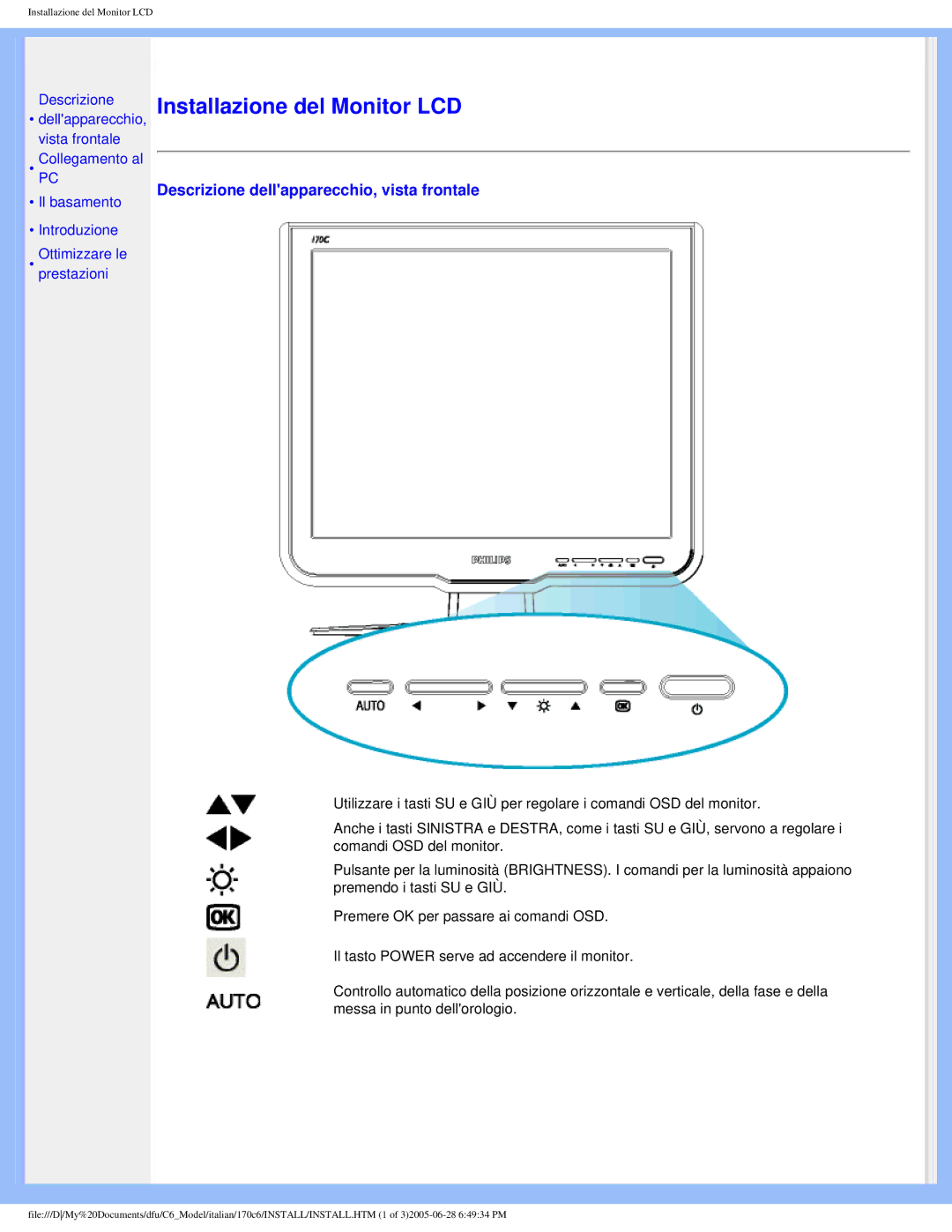 Philips 170C6 user manual Installazione del Monitor LCD 