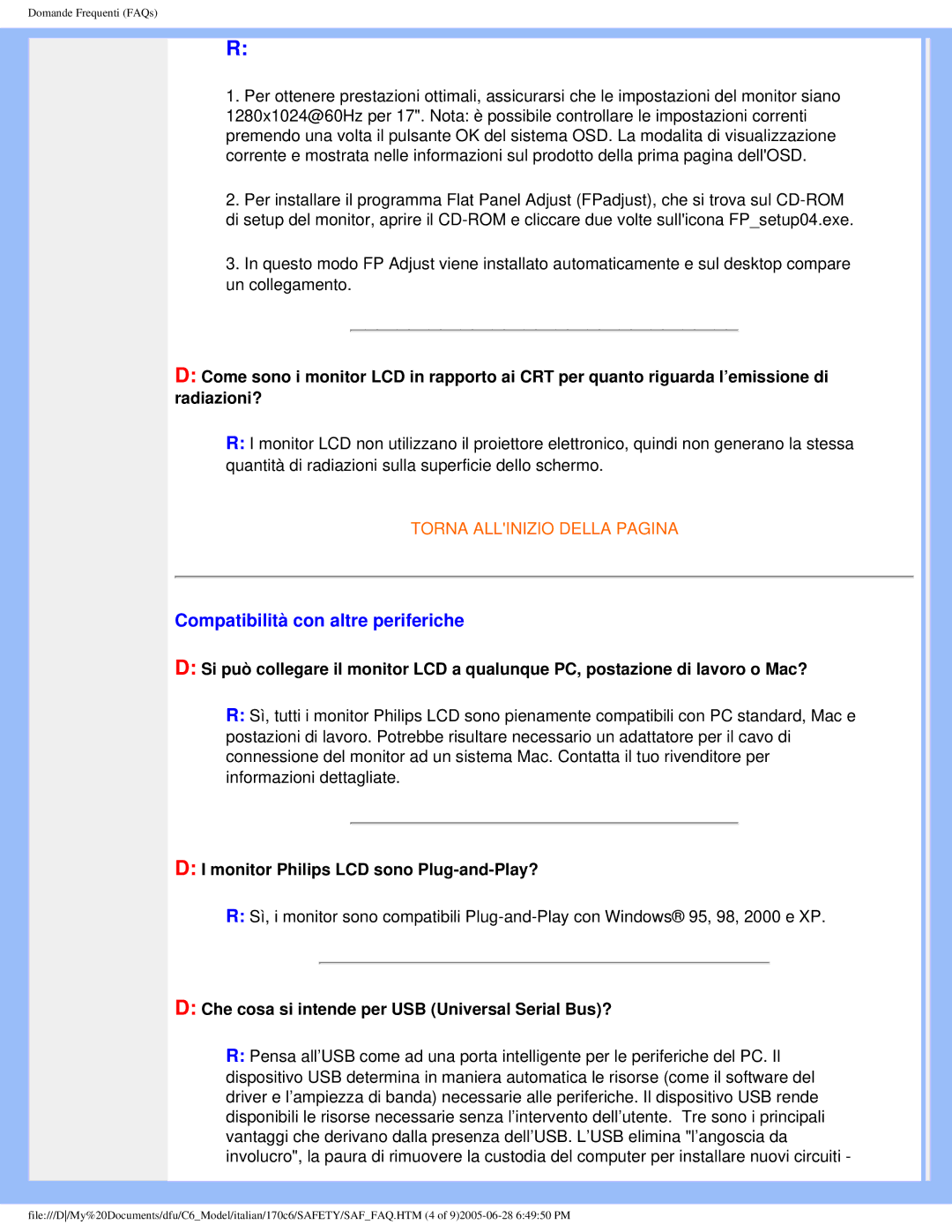 Philips 170C6 user manual Compatibilità con altre periferiche, Monitor Philips LCD sono Plug-and-Play? 