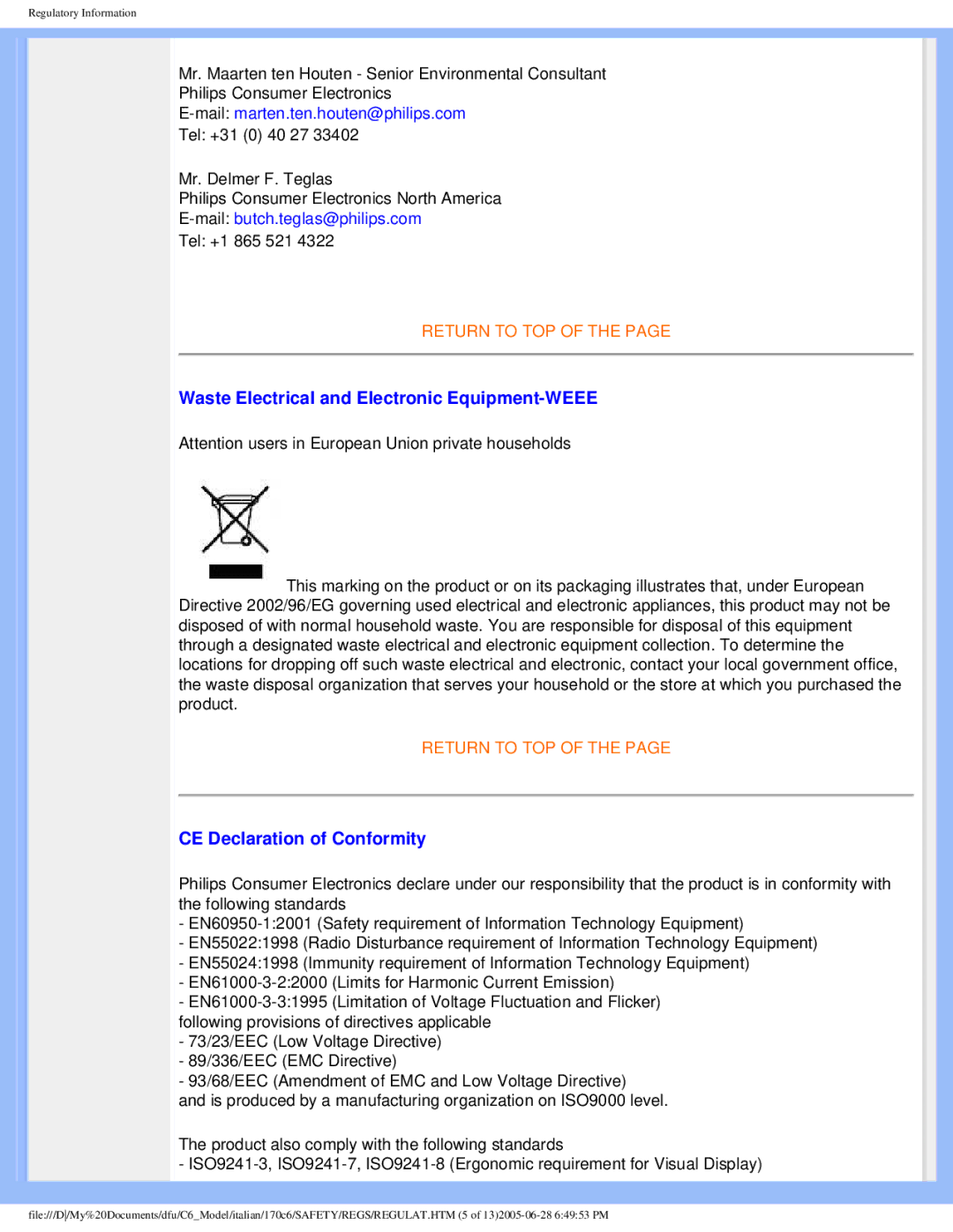 Philips 170C6 user manual Waste Electrical and Electronic Equipment-WEEE, CE Declaration of Conformity 