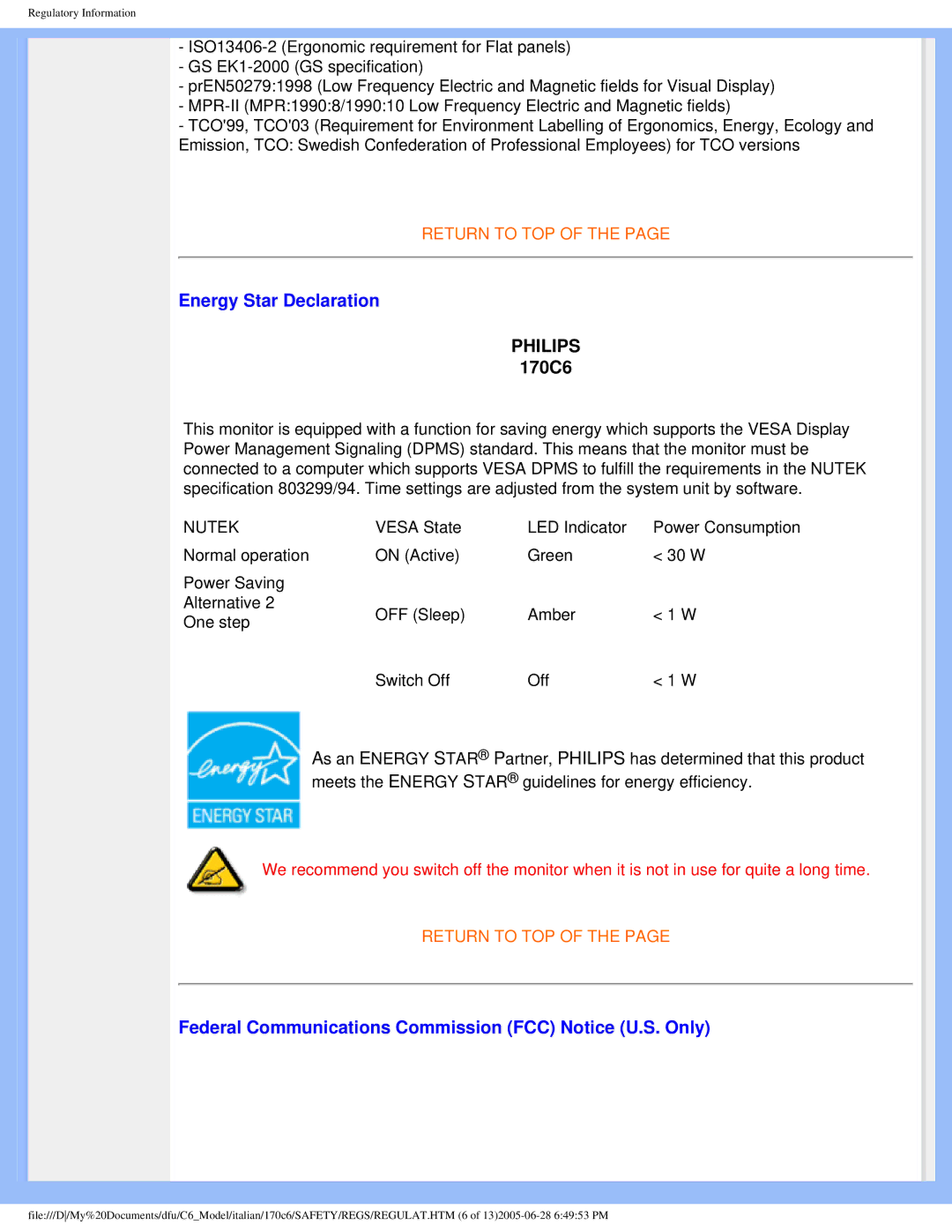 Philips 170C6 user manual Energy Star Declaration, Federal Communications Commission FCC Notice U.S. Only 