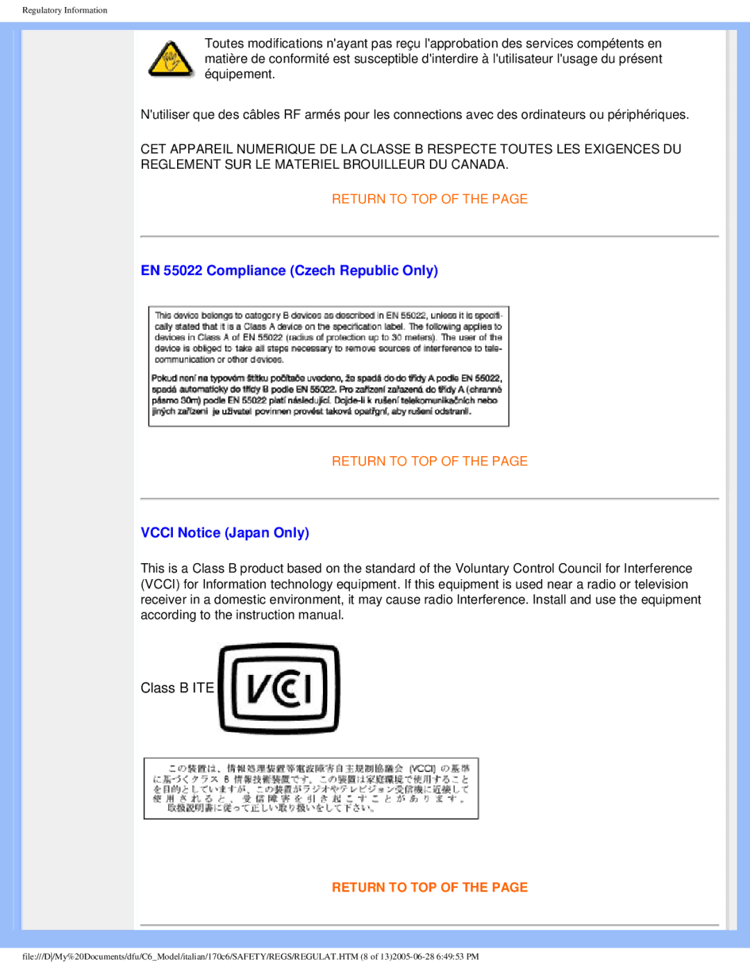 Philips 170C6 user manual EN 55022 Compliance Czech Republic Only, Vcci Notice Japan Only 