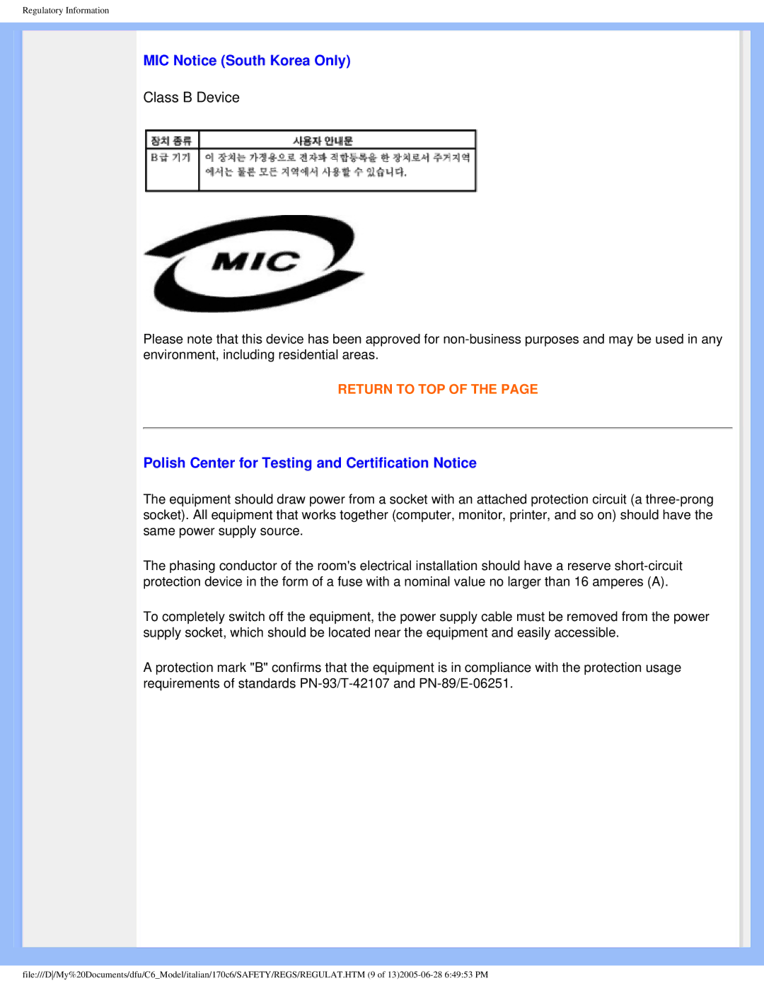 Philips 170C6 user manual MIC Notice South Korea Only, Polish Center for Testing and Certification Notice 