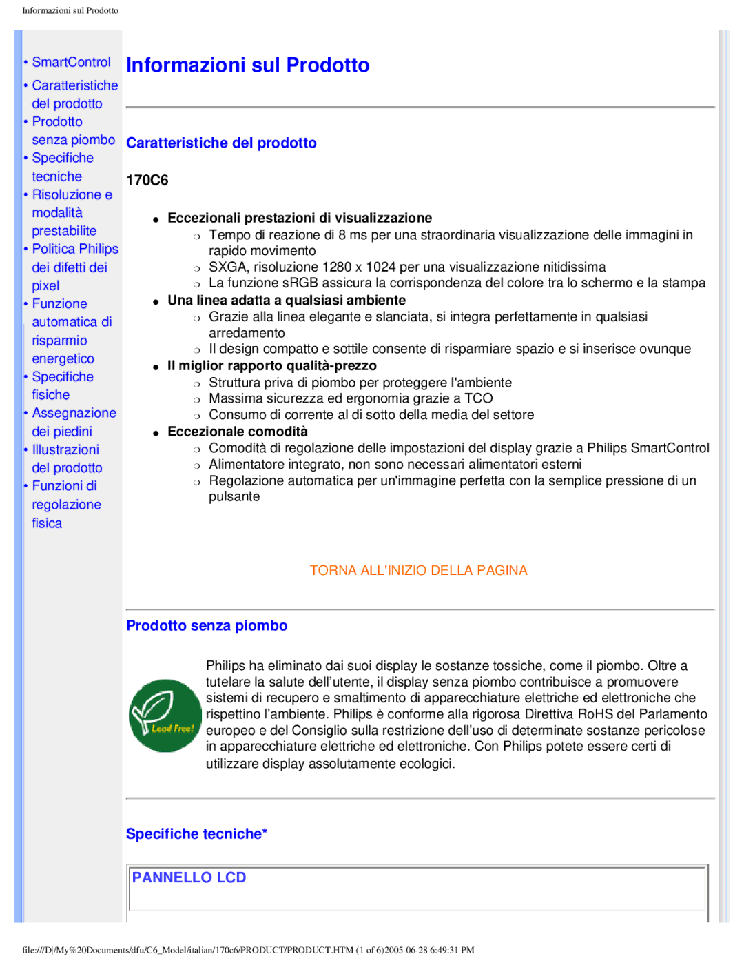 Philips 170C6 user manual Caratteristiche del prodotto, Prodotto senza piombo, Specifiche tecniche 