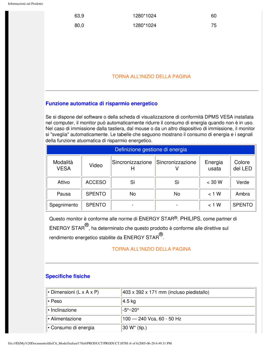 Philips 170C6 user manual Funzione automatica di risparmio energetico, Specifiche fisiche 