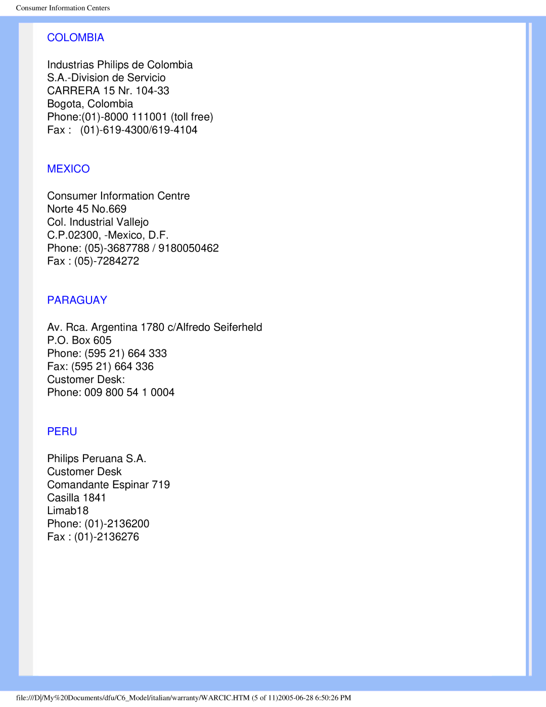 Philips 170C6 user manual Colombia, Mexico, Paraguay, Peru 