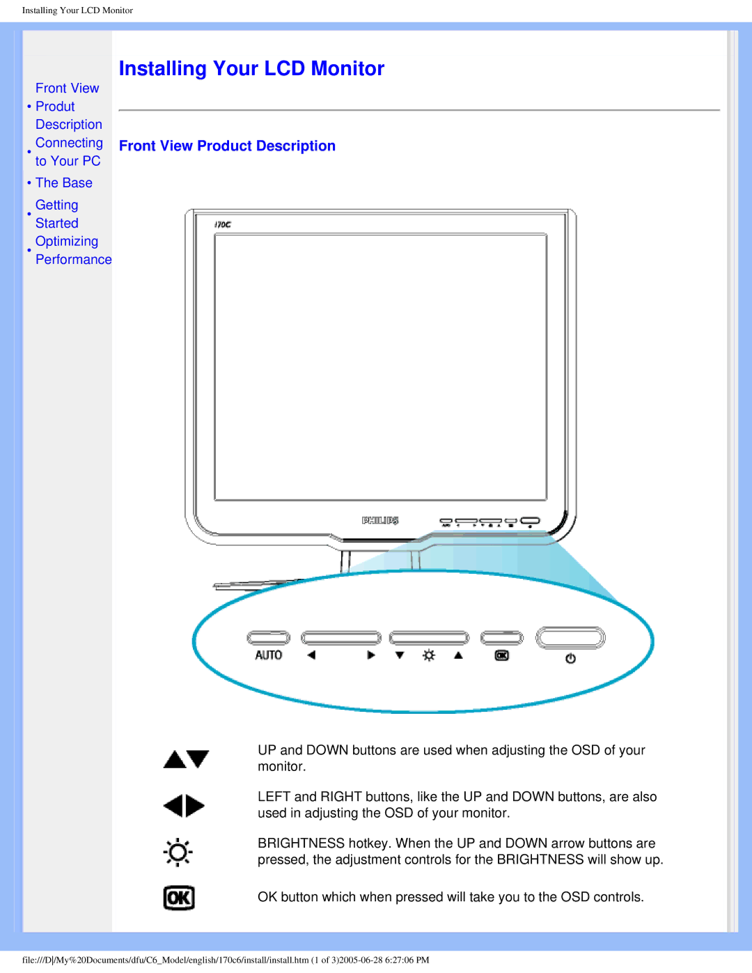 Philips 170C6 user manual Installing Your LCD Monitor, Front View Product Description 