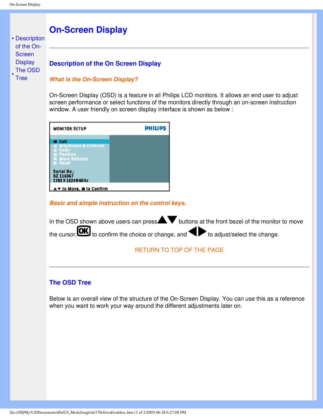 Philips 170C6 user manual Description of the On Screen Display, OSD Tree 