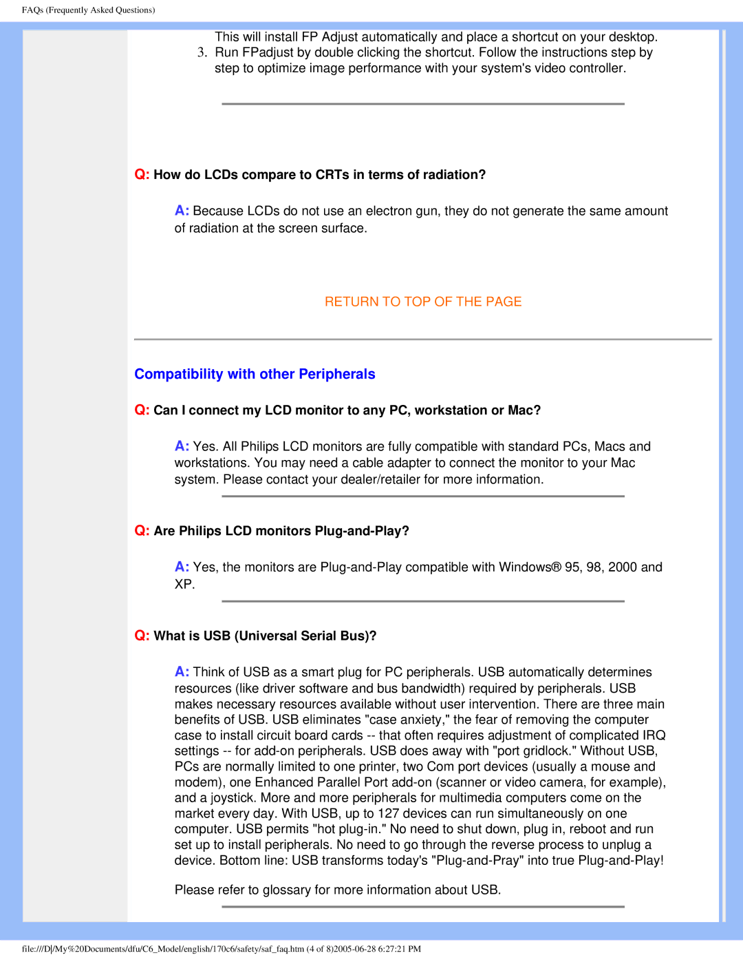 Philips 170C6 user manual Compatibility with other Peripherals, How do LCDs compare to CRTs in terms of radiation? 