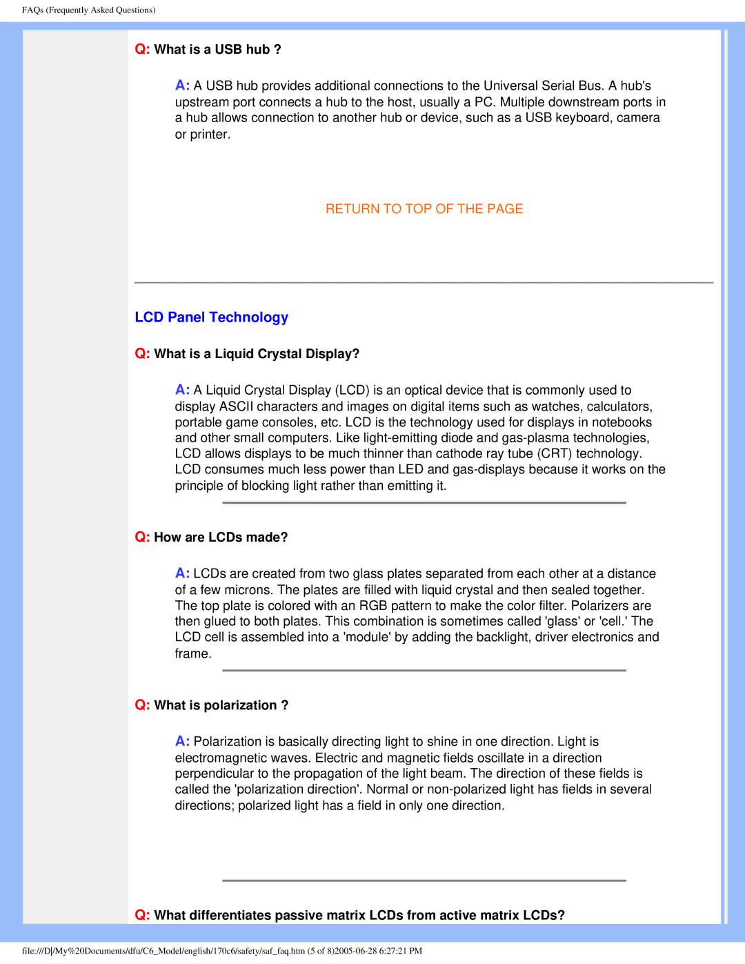 Philips 170C6 user manual LCD Panel Technology, What is a USB hub ?, What is a Liquid Crystal Display?, How are LCDs made? 