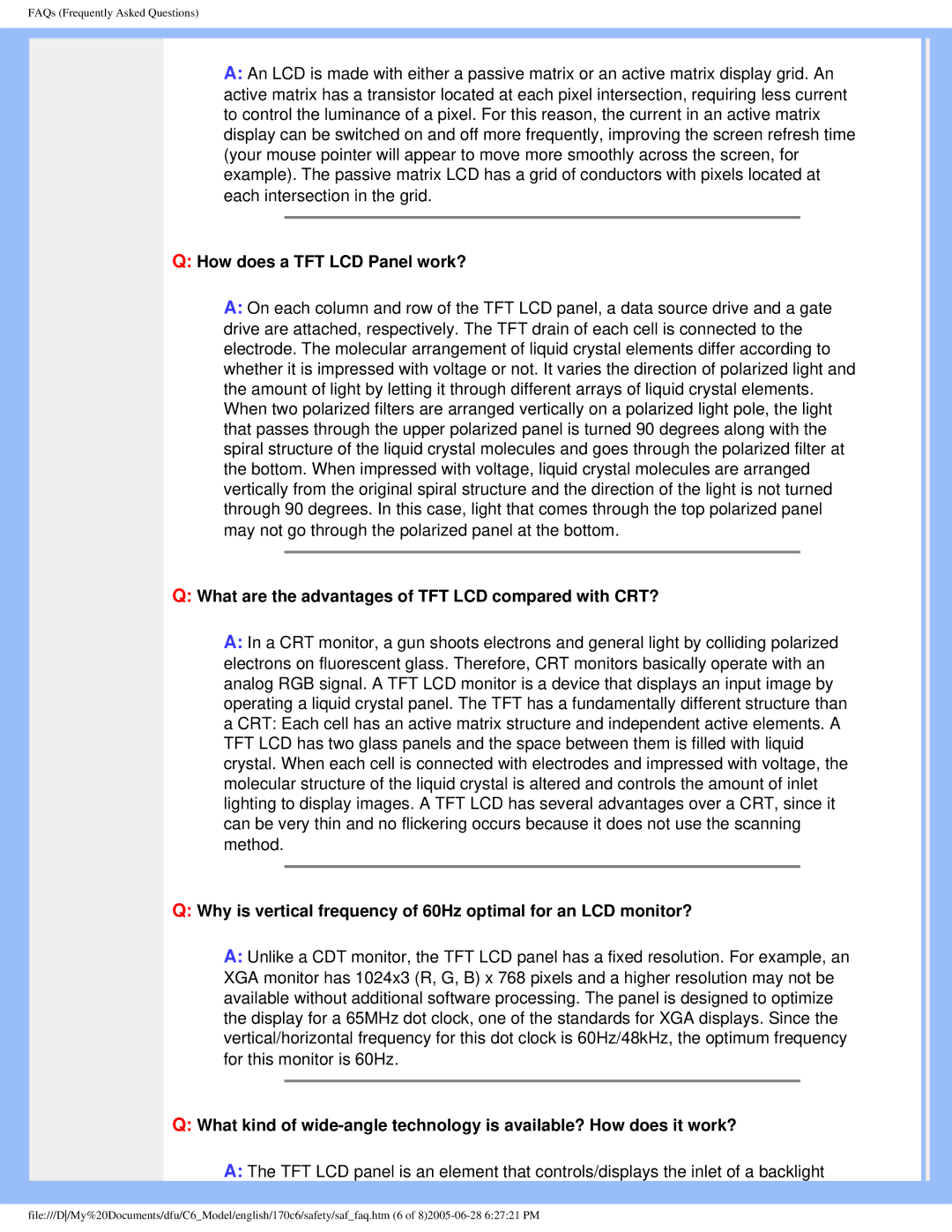 Philips 170C6 user manual How does a TFT LCD Panel work?, What are the advantages of TFT LCD compared with CRT? 