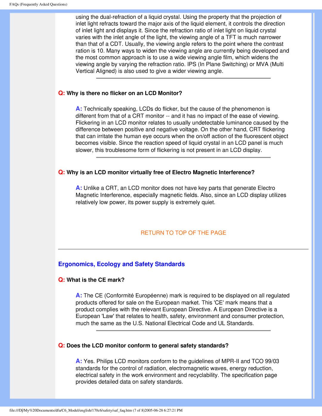 Philips 170C6 Ergonomics, Ecology and Safety Standards, Why is there no flicker on an LCD Monitor?, What is the CE mark? 