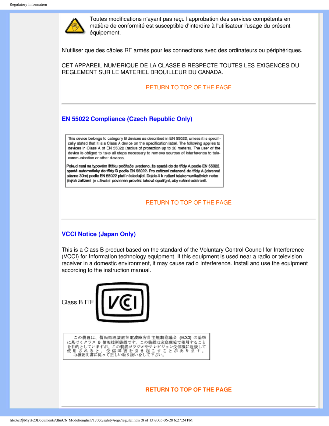 Philips 170C6 user manual EN 55022 Compliance Czech Republic Only, Vcci Notice Japan Only 