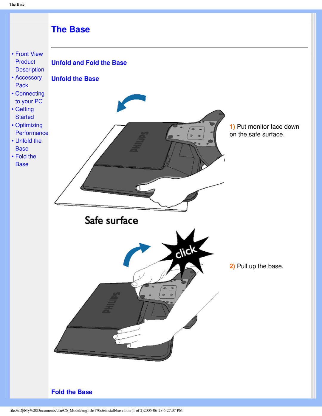 Philips 170C6 user manual Unfold and Fold the Base Unfold the Base 