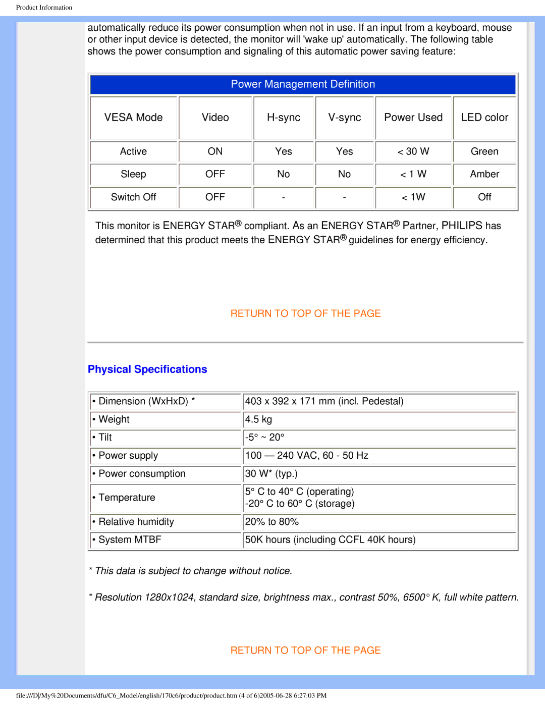 Philips 170C6 user manual Power Management Definition, Physical Specifications 