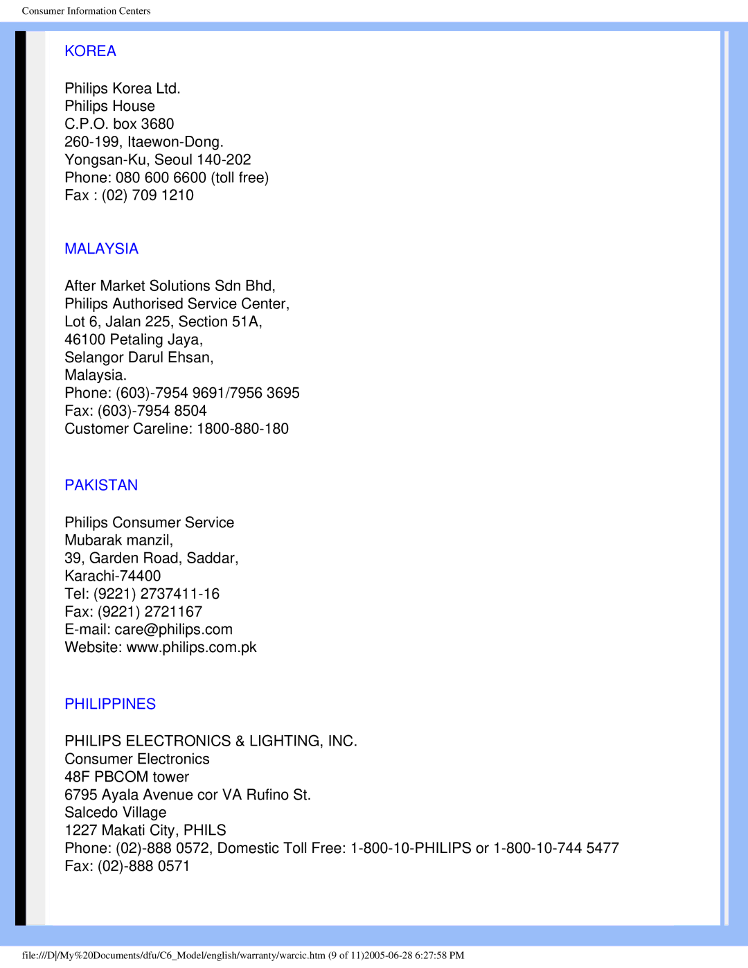 Philips 170C6 user manual Korea, Malaysia, Pakistan, Philippines 