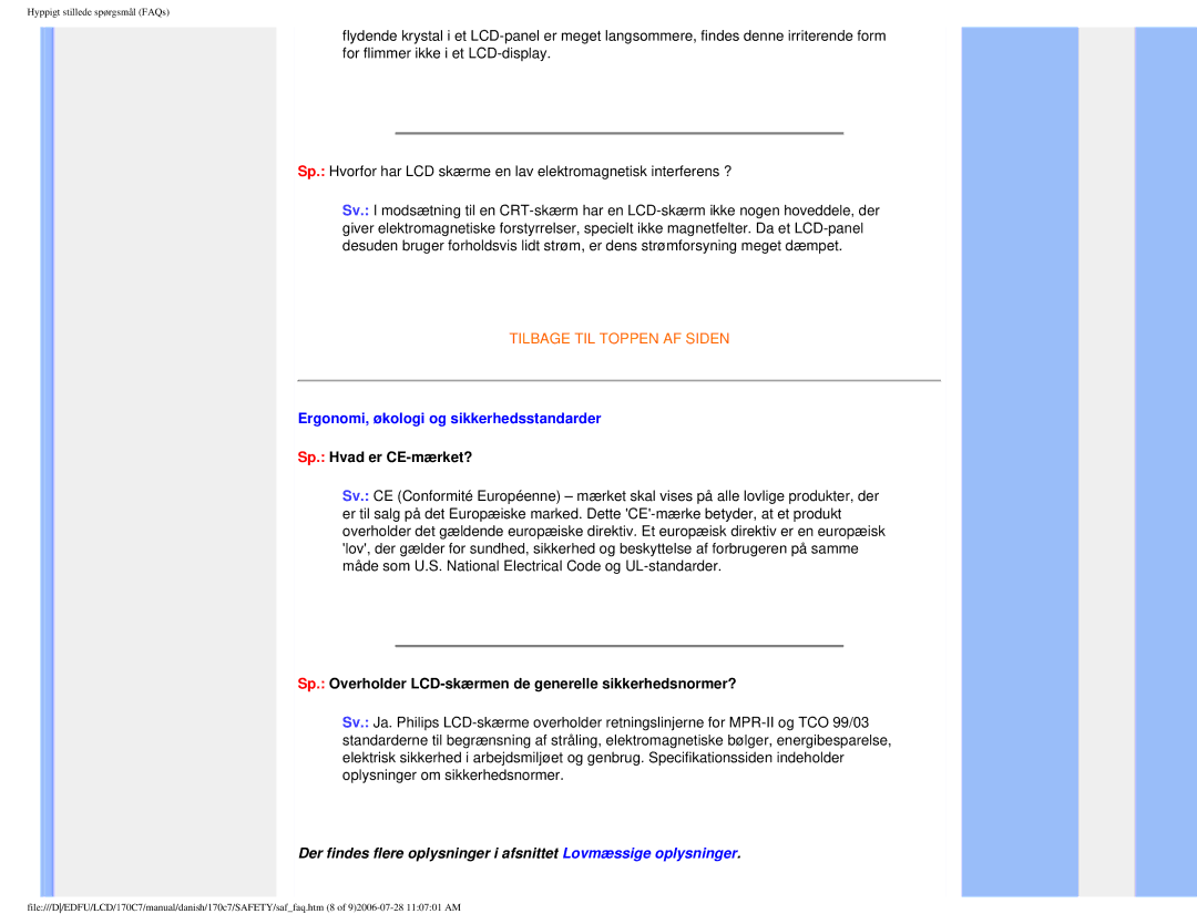 Philips 170C7 user manual Ergonomi, økologi og sikkerhedsstandarder, Sp. Hvad er CE-mærket? 