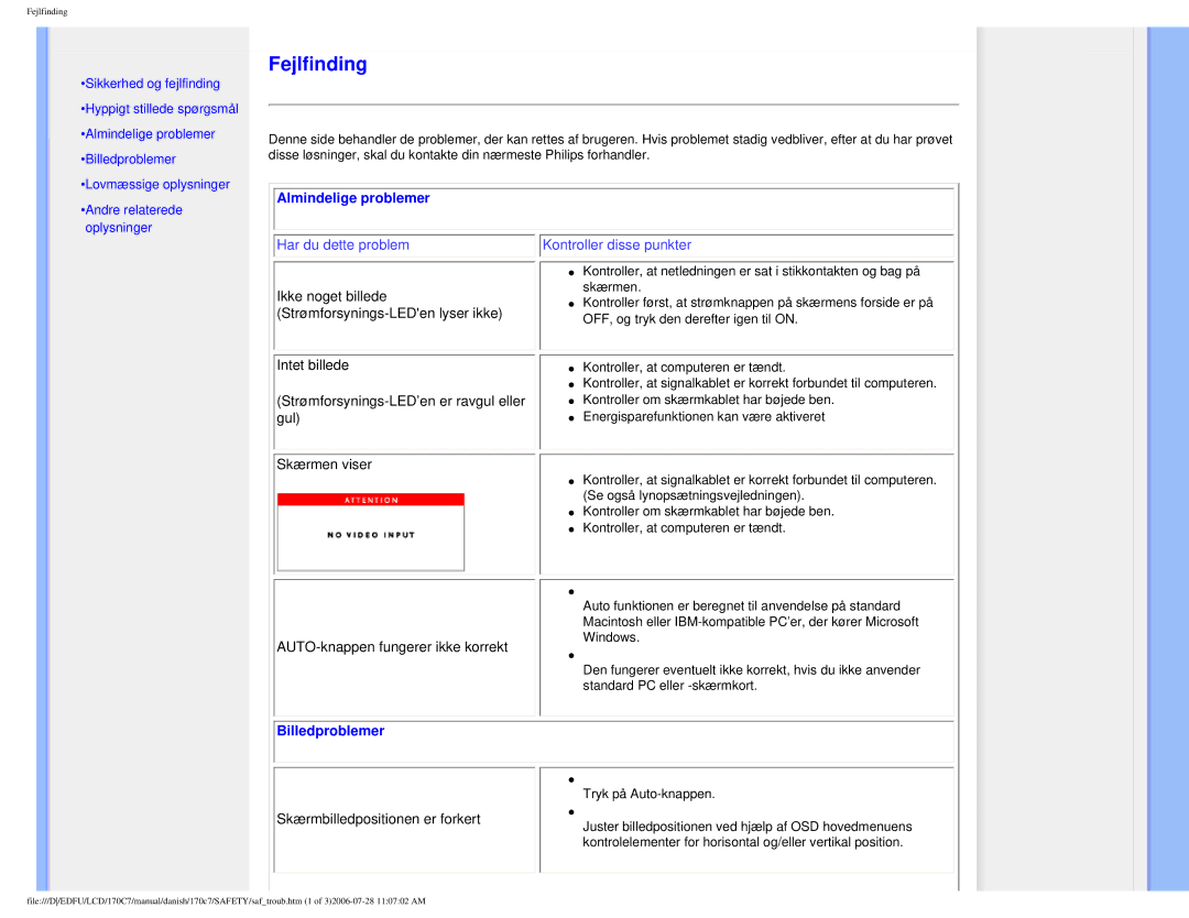 Philips 170C7 user manual Almindelige problemer, Billedproblemer 