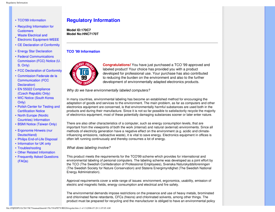 Philips 170C7 user manual Regulatory Information, TCO 99 Information 