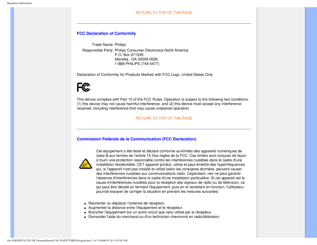 Philips 170C7 user manual FCC Declaration of Conformity, Commission Federale de la Communication FCC Declaration 