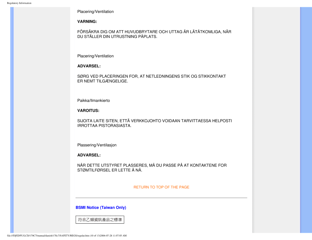 Philips 170C7 user manual Varning, Bsmi Notice Taiwan Only 