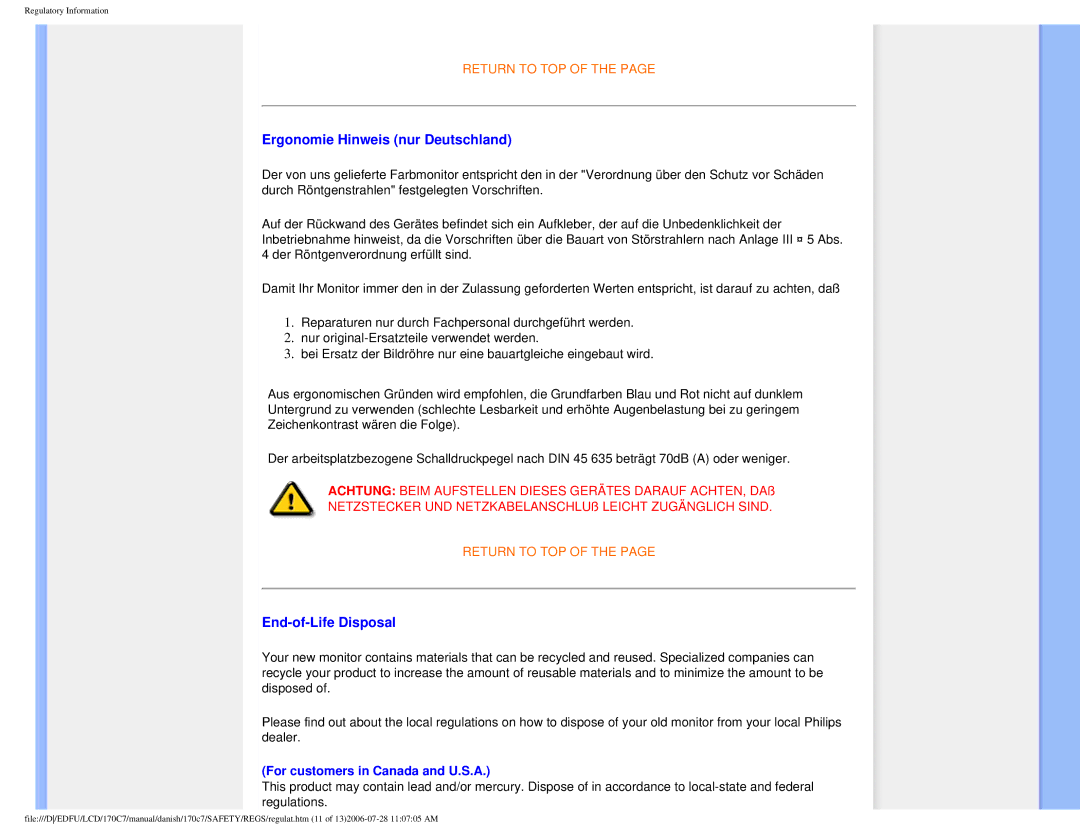 Philips 170C7 user manual Ergonomie Hinweis nur Deutschland, End-of-Life Disposal 