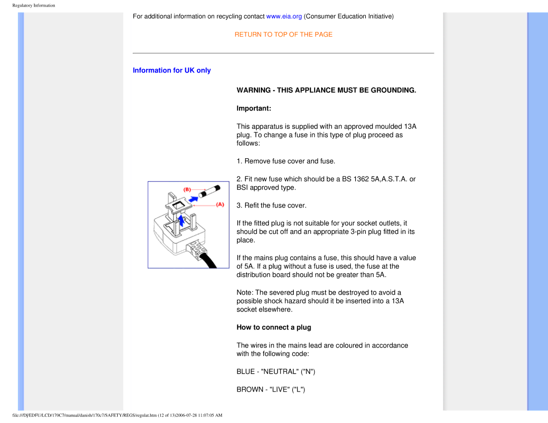 Philips 170C7 user manual Information for UK only, How to connect a plug 