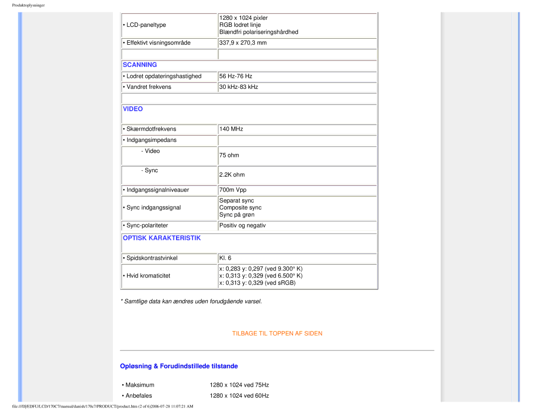 Philips 170C7 user manual Video, Opløsning & Forudindstillede tilstande 