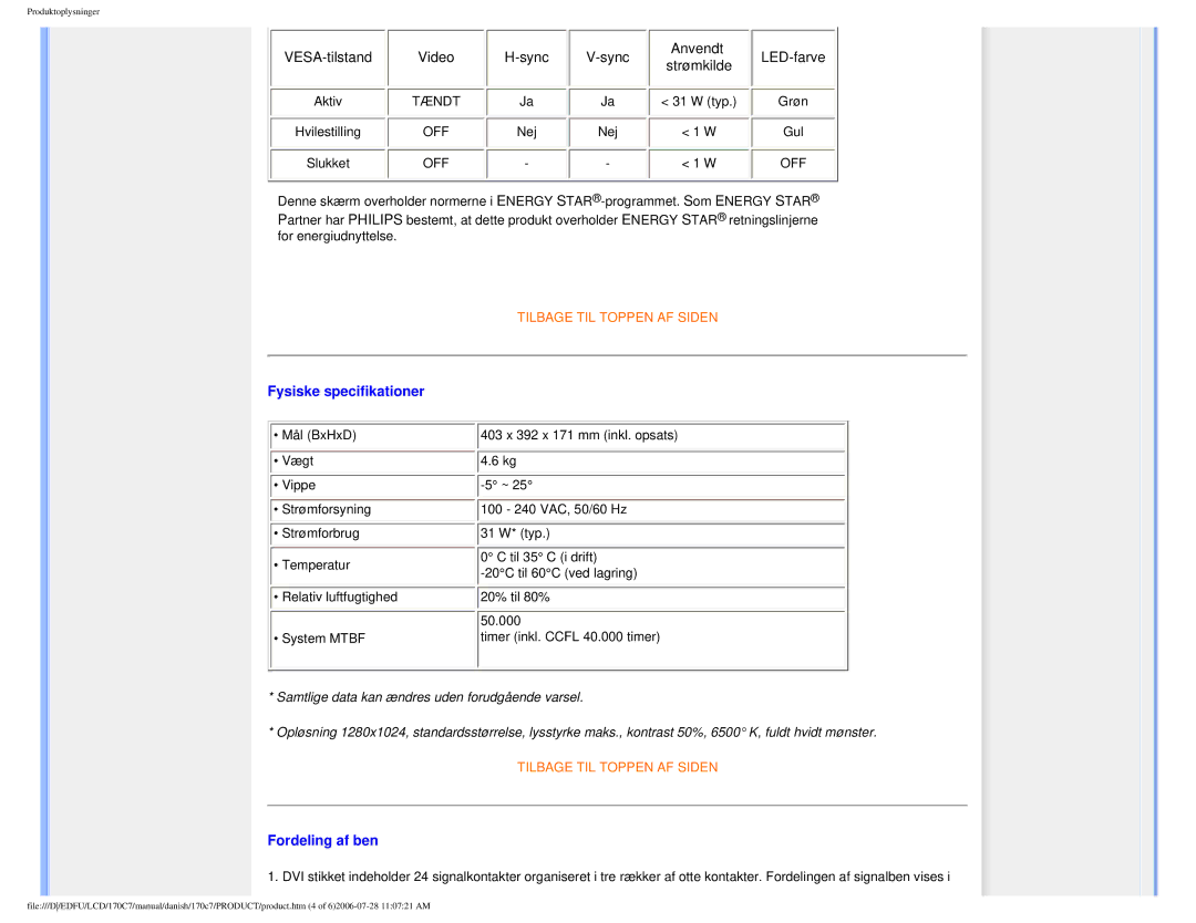 Philips 170C7 user manual Fysiske specifikationer, Fordeling af ben 