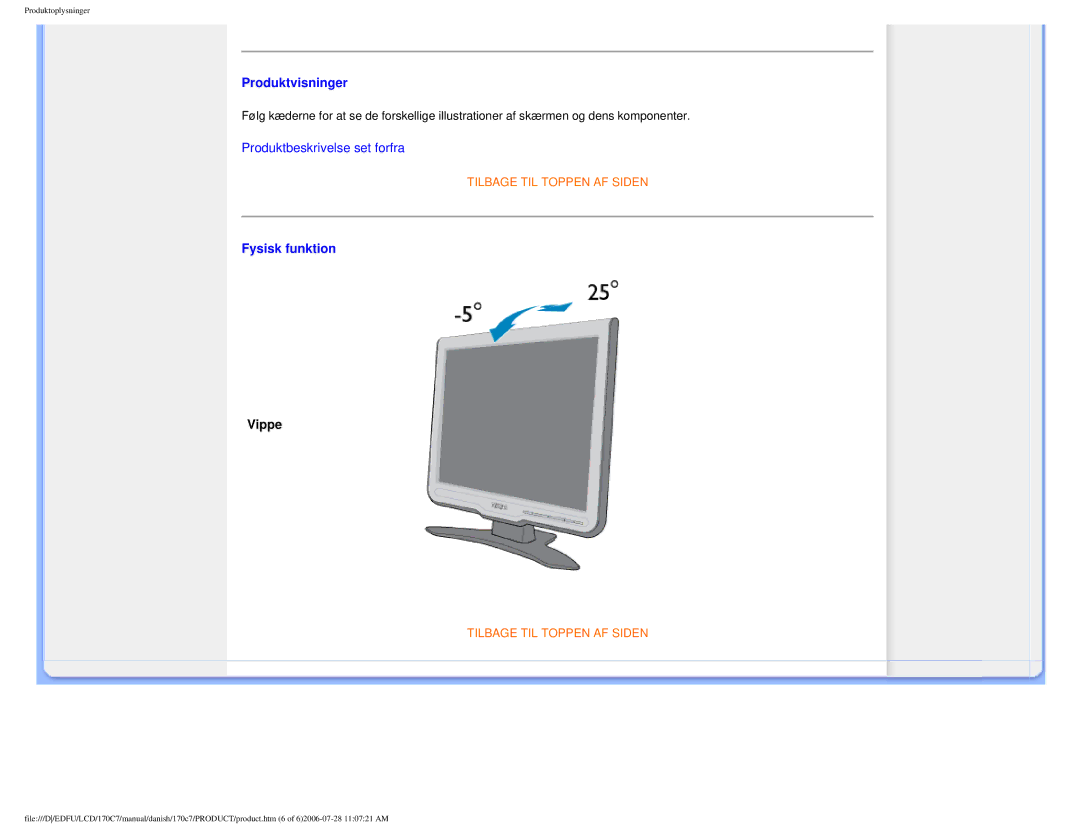 Philips 170C7 user manual Produktvisninger, Fysisk funktion, Vippe 