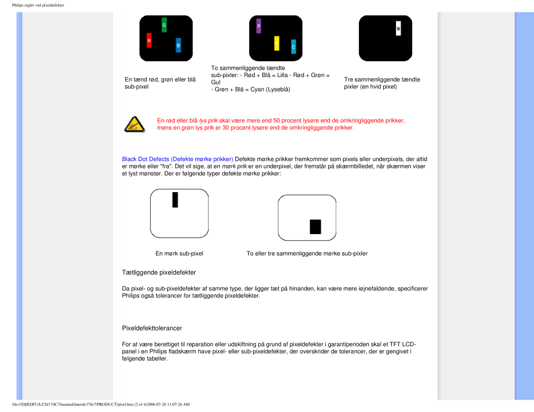 Philips 170C7 user manual Tætliggende pixeldefekter 