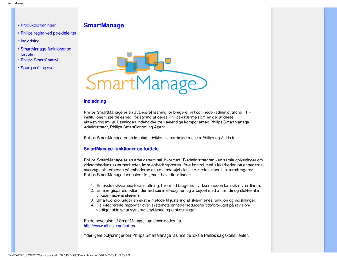 Philips 170C7 user manual Indledning, SmartManage-funktioner og fordele 