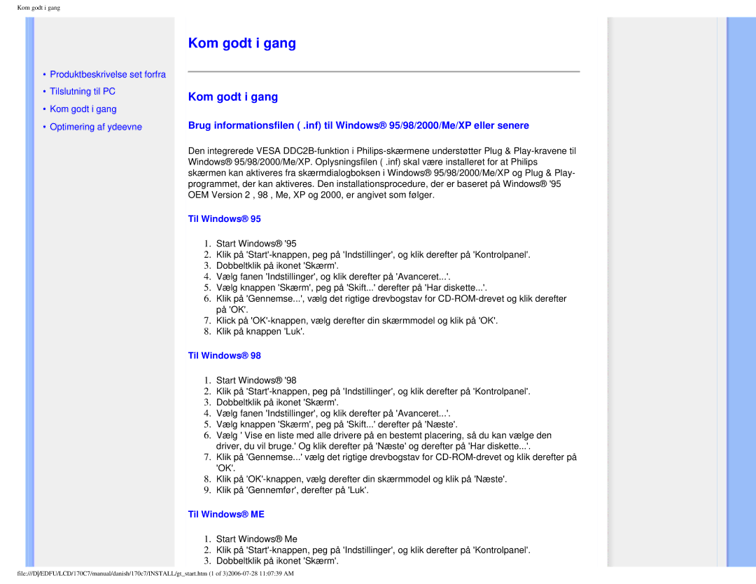 Philips 170C7 user manual Kom godt i gang, Til Windows ME 