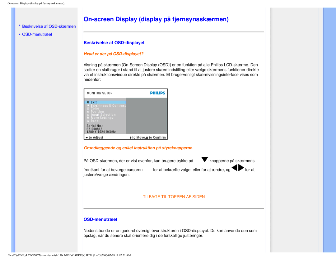 Philips 170C7 user manual On-screen Display display på fjernsynsskærmen, Beskrivelse af OSD-displayet, OSD-menutræet 