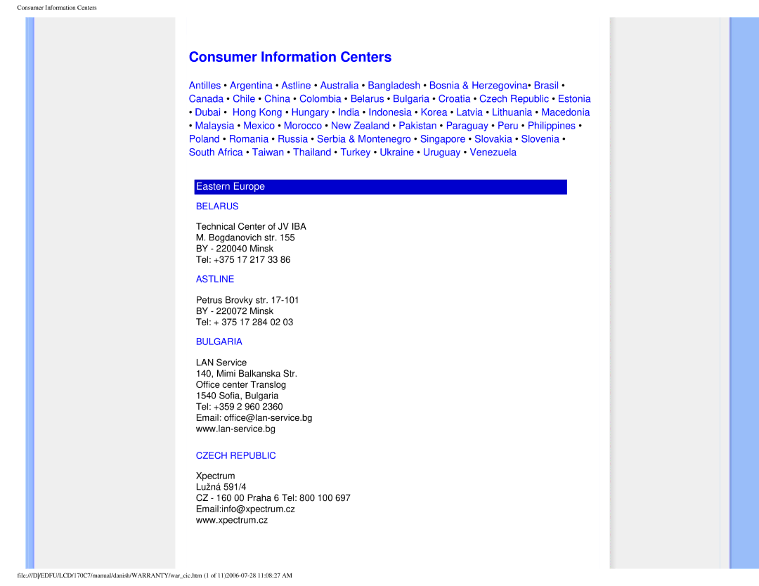 Philips 170C7 user manual Consumer Information Centers, Belarus, Astline, Bulgaria, Czech Republic 