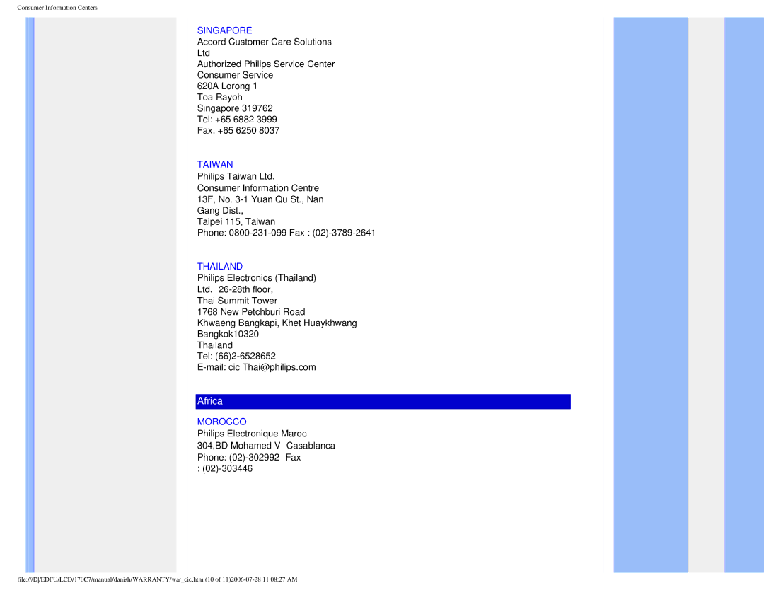 Philips 170C7 user manual Singapore, Taiwan, Thailand, Morocco 